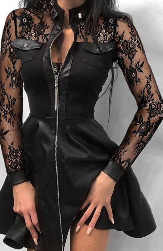 Lace And Faux Leather Black Dress